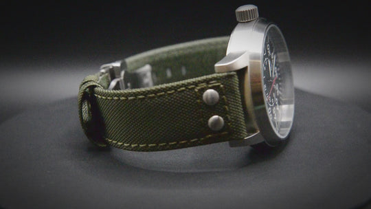 Sailcloth, Cordura military grade watch strap,  Quick-release spring bars are installed, lined with Lorica eco-leather by FinWacthStraps. Deployment clasp installed.