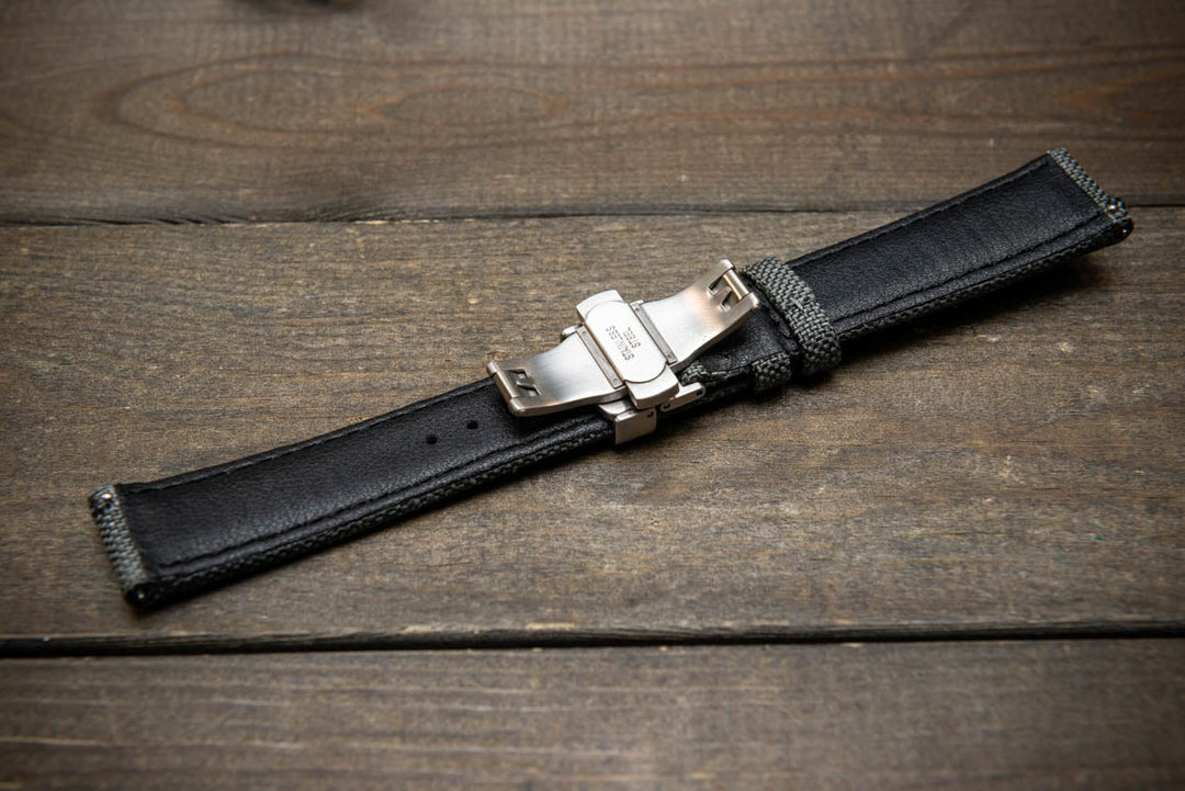 Cordura Canvas waterproof watch strap, Quick-release spring bars are installed, lined with Lorica eco-leather by FinWacthStraps® Deployment clasp installed. - finwatchstraps