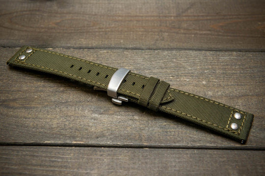 Cordura Canvas waterproof watch strap, Quick-release spring bars are installed, lined with Lorica eco-leather by FinWacthStraps. Deployment clasp installed. - finwatchstraps