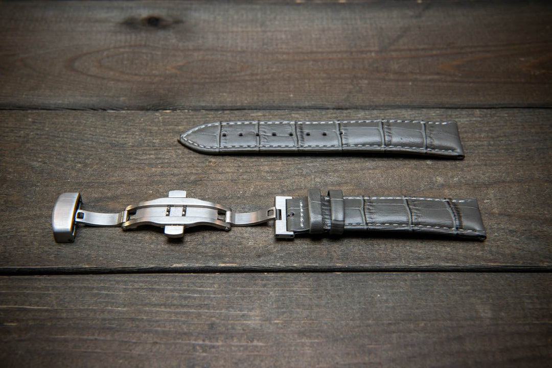 Leather watch strap, band made of calf leather with croc grain pattern 18-22 mm. Deployment clasp. - finwatchstraps