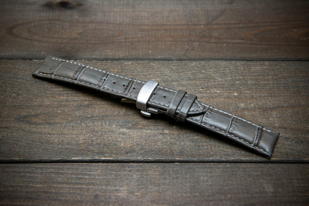 Leather watch strap, band made of calf leather with croc grain pattern 18-22 mm. Deployment clasp. - finwatchstraps