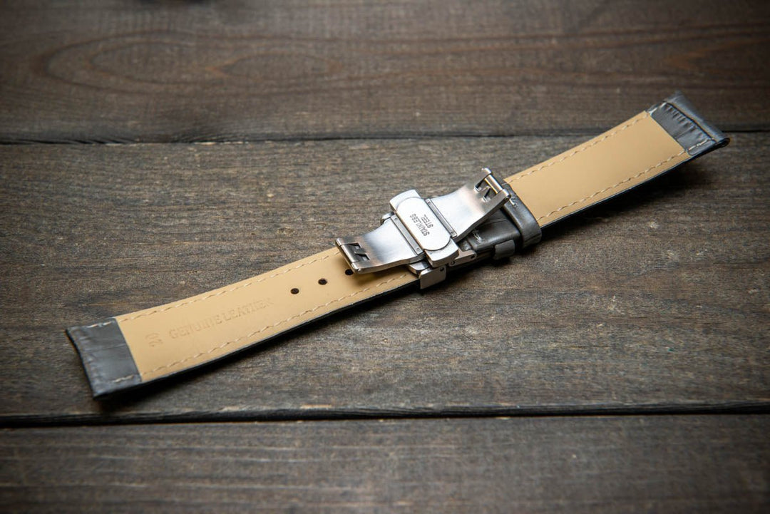 Leather watch strap, band made of calf leather with croc grain pattern 18-22 mm. Deployment clasp. - finwatchstraps