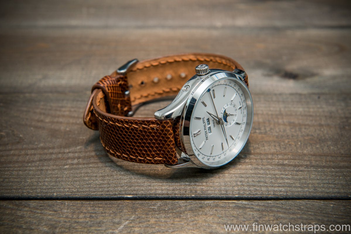 Lizard leather watch strap, Brown color