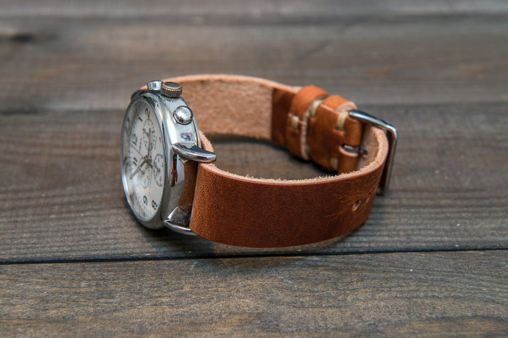 One-piece military watch band for vintage watch, Horween Dublin Cognac